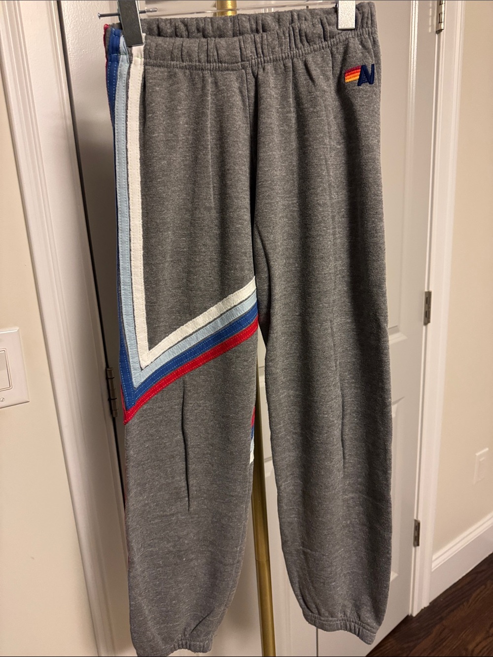 Aviator Nation Gray Track Joggers with Red, Blue & White Chevron